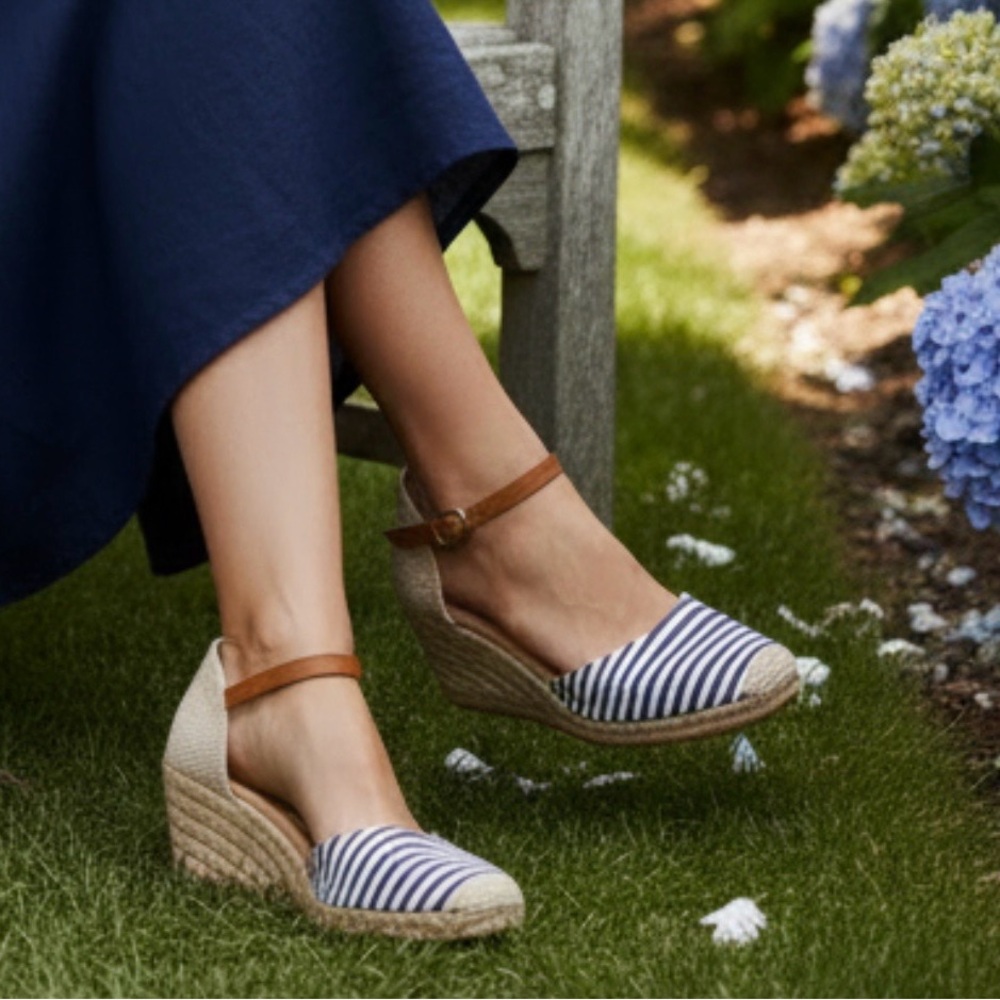 White Mountain Navy and White Striped Espadrille Wedge with Tan Ankle Strap